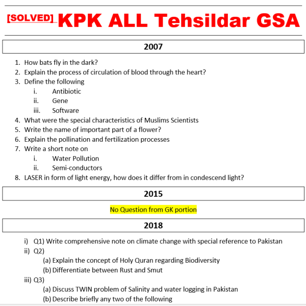 Solved KPK Tehsildar General Knowledge Everyday Science All Past